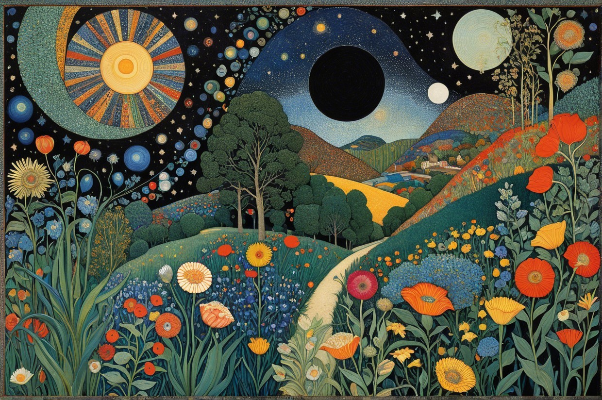 Vibrant Landscape with Flowers and Celestial Elements