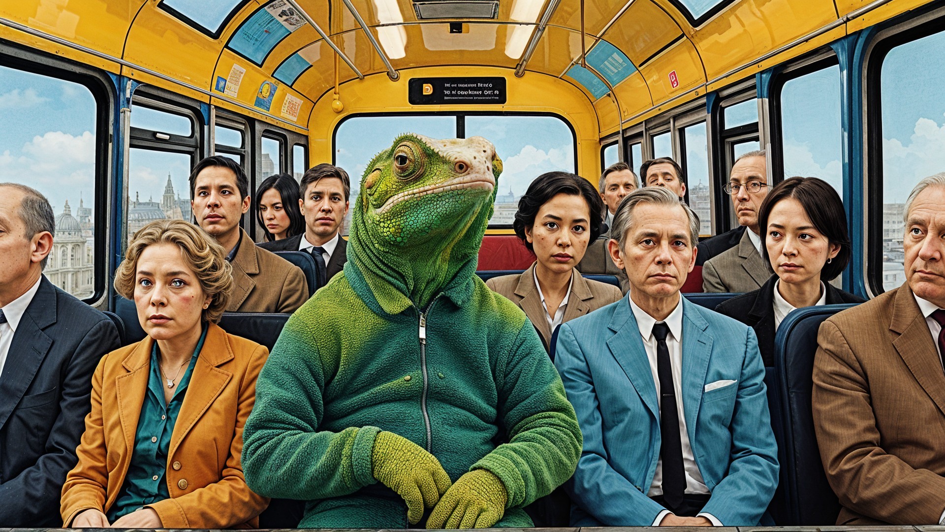 Diverse Passengers on Bus with Lizard Costume Focus