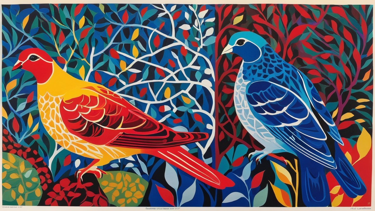 Colorful Stylized Birds with Vines and Leaves Design