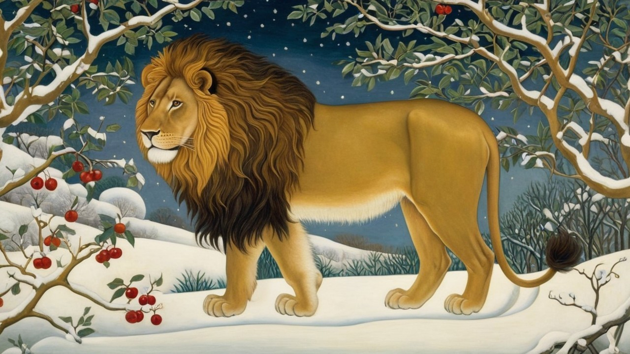 Lion in Snowy Landscape with Starry Sky and Apple Trees