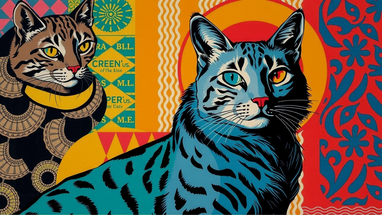 Stylized Cats with Vibrant Colors and Patterns
