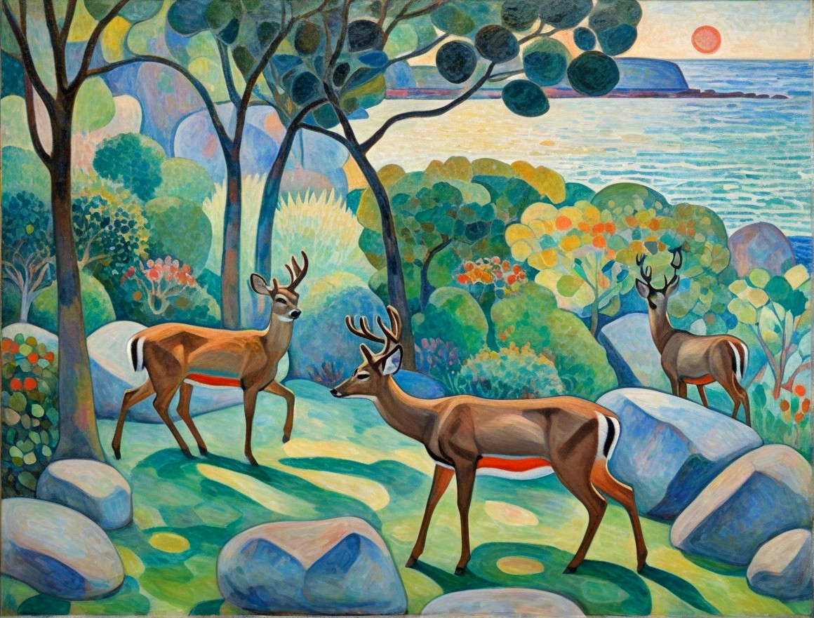 Vibrant Landscape with Deer and Tranquil Water Scene