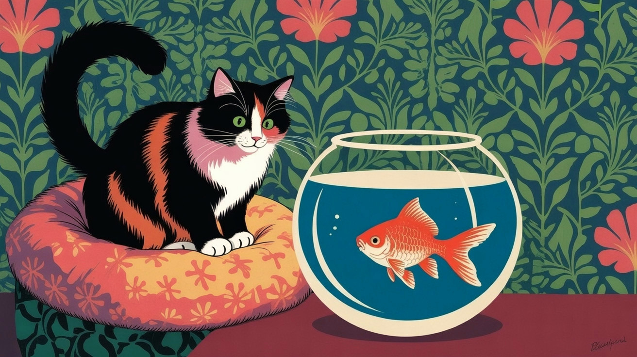 Calico Cat and Goldfish in Floral Illustration