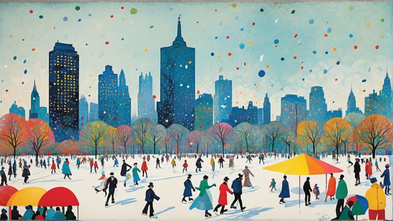 Vibrant Winter Scene in Urban Park with Snow and Skaters