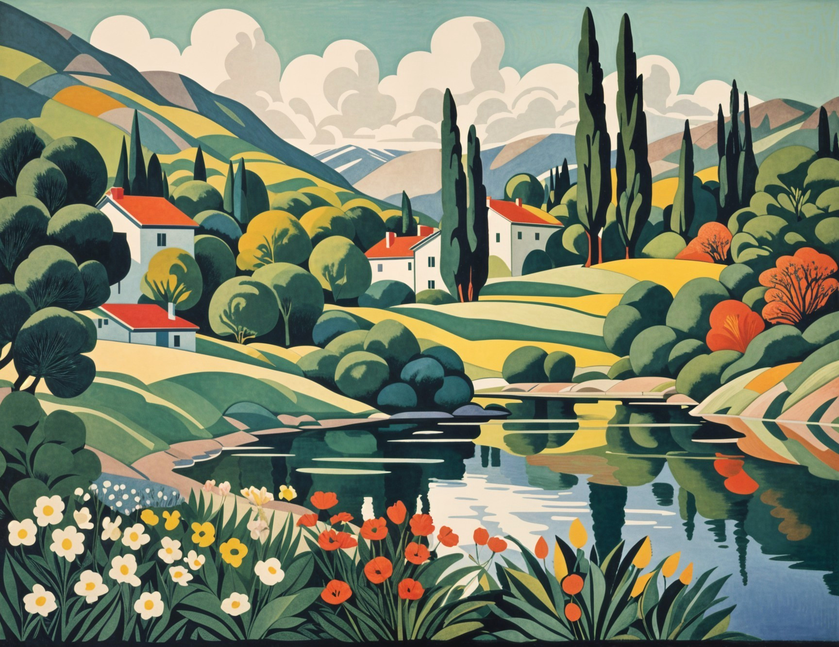 Vibrant Landscape with Hills, Lake, and Colorful Trees