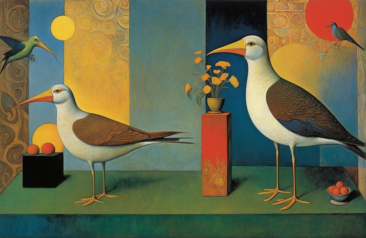Stylized Seagulls in a Geometric Colorful Setting