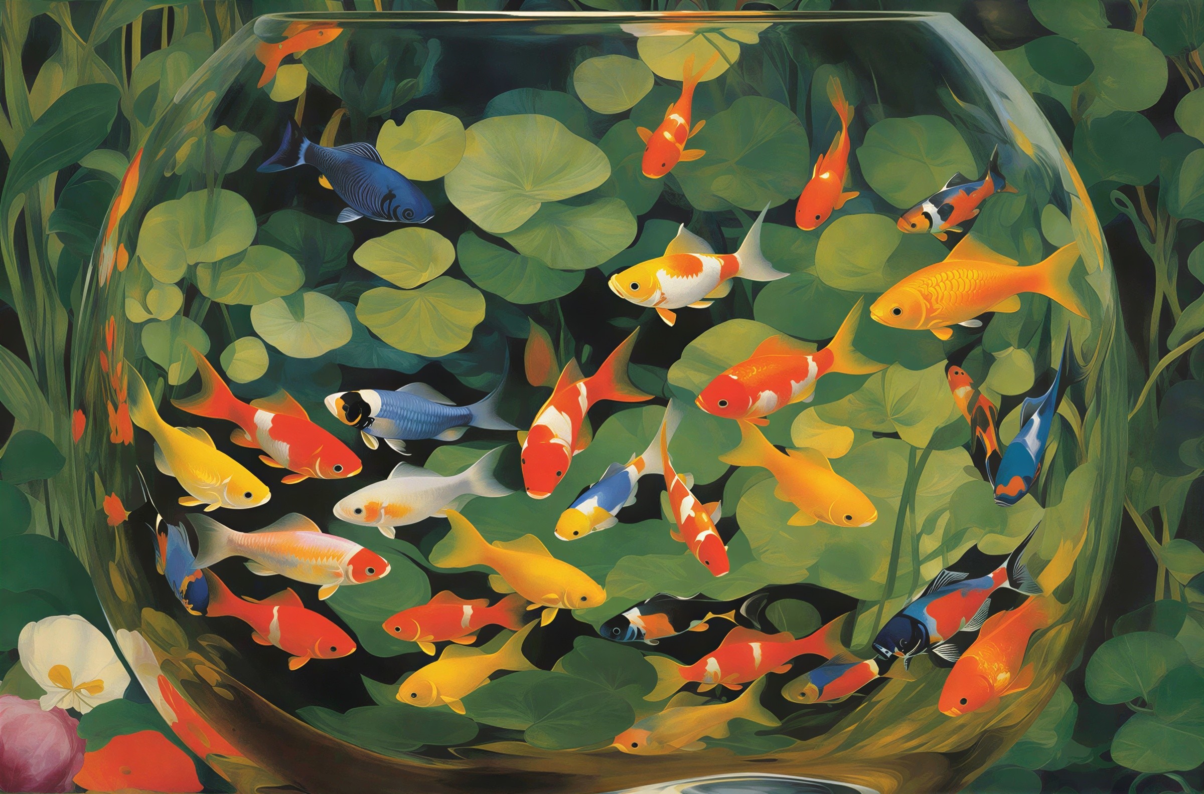 Vibrant Fishbowl Scene with Goldfish and Lily Pads