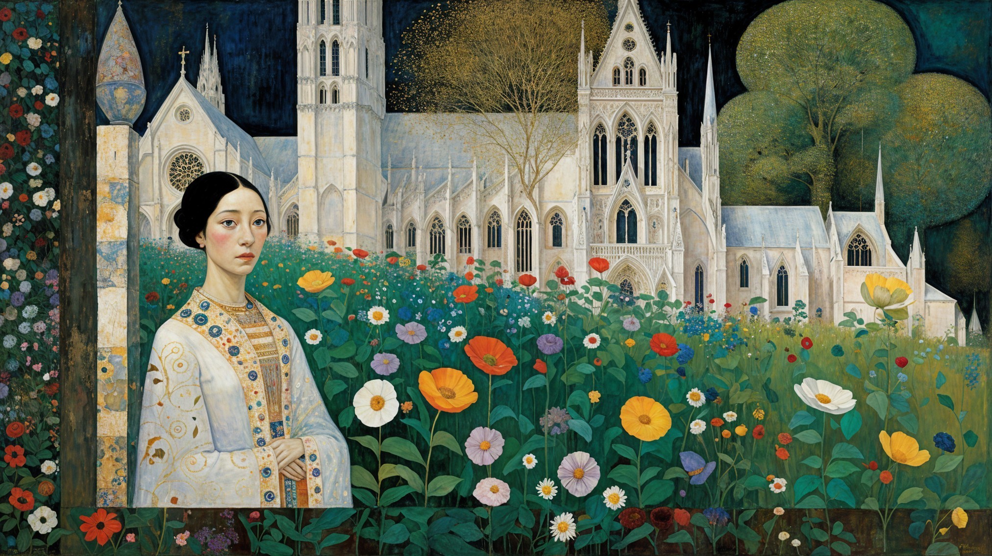Serene Figure in Vibrant Flower Garden and Cathedral