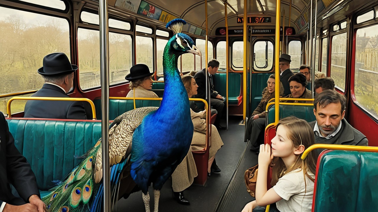 Peacock in Vintage Bus with Passengers and Bright Decor