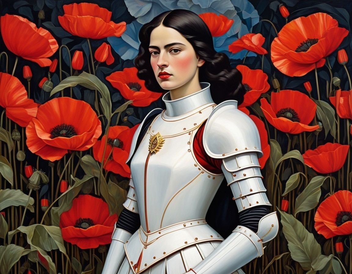 Woman in Silver Armor Among Vibrant Red Poppies