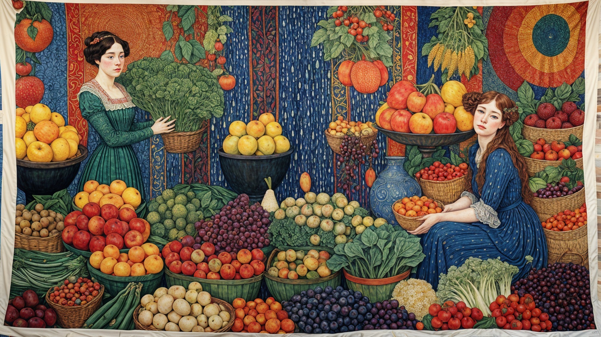 Vibrant Tapestry of Women with Fruits and Vegetables