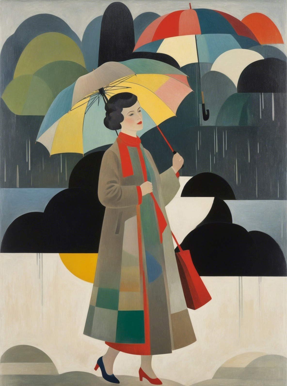 Woman in Gray Coat Walking in Rain with Umbrella