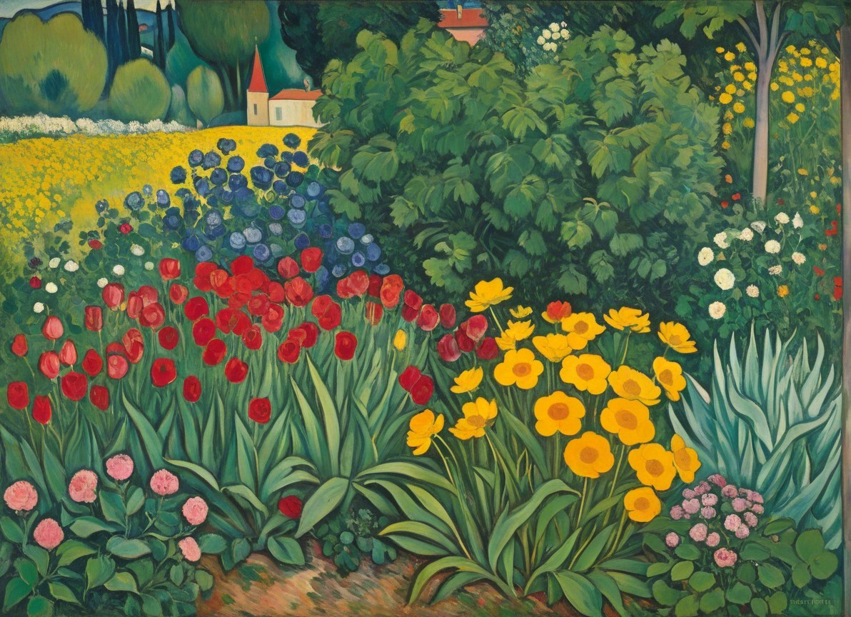 Vibrant Garden Scene with Colorful Flowers and Greenery