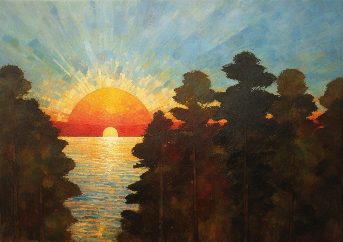 Vibrant Sunset Over a Serene Lake with Pine Trees