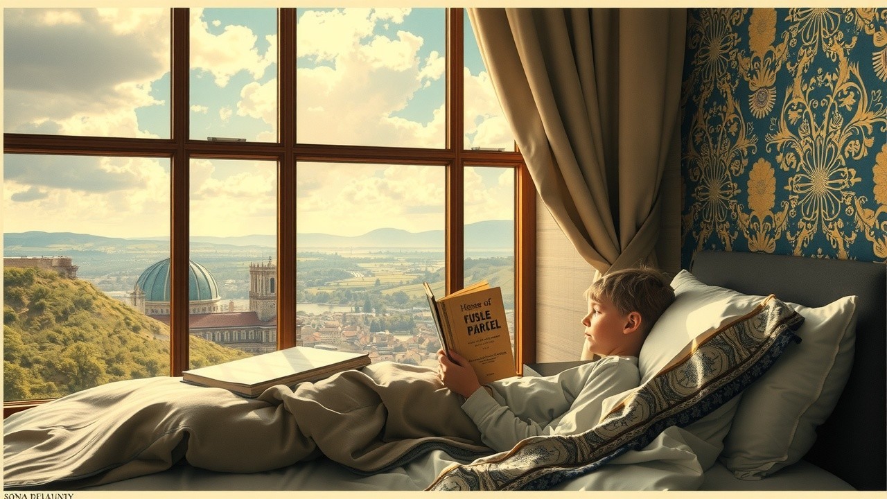 Cozy Bedroom with Boy Reading and Scenic View