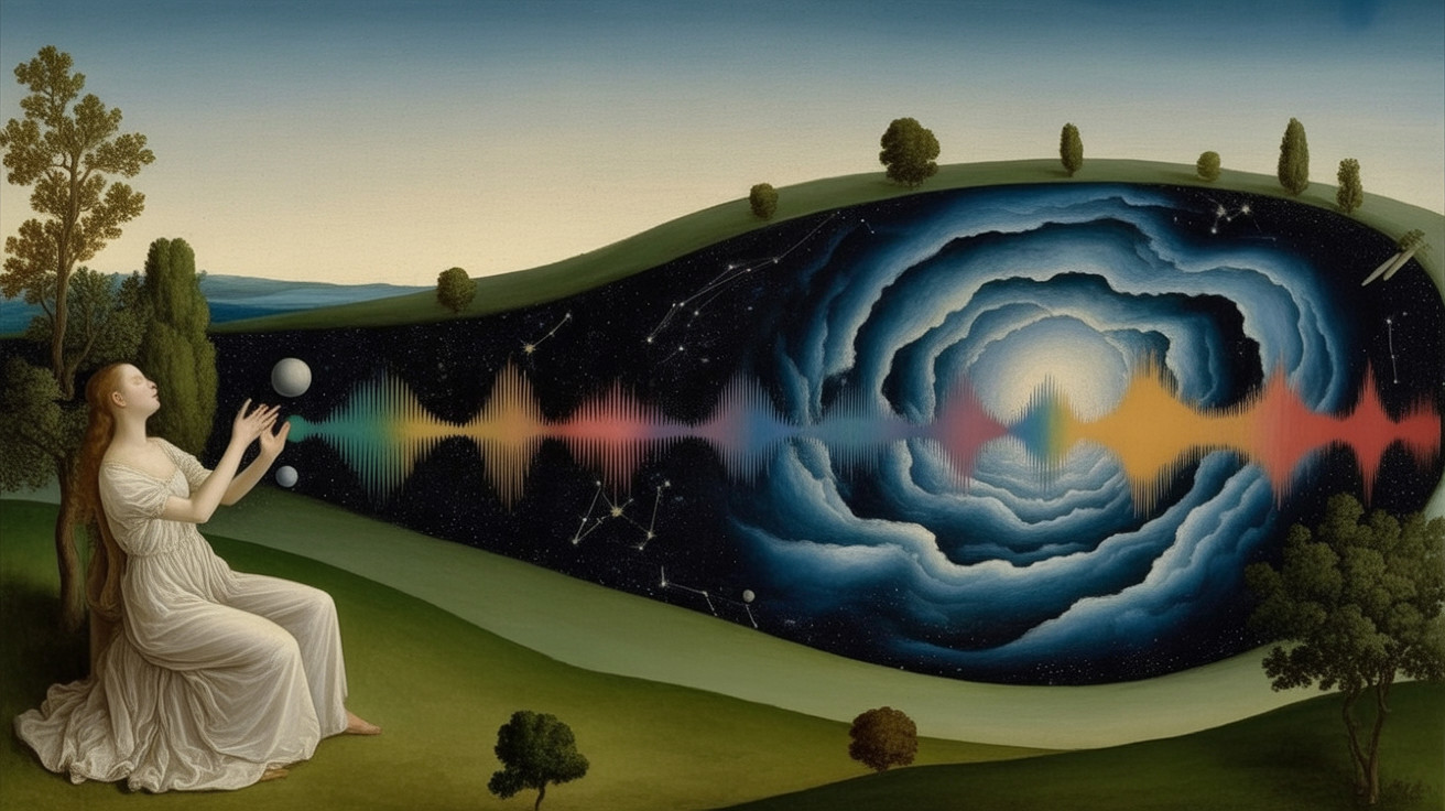 Serene figure in white dress on green hillside with galaxy