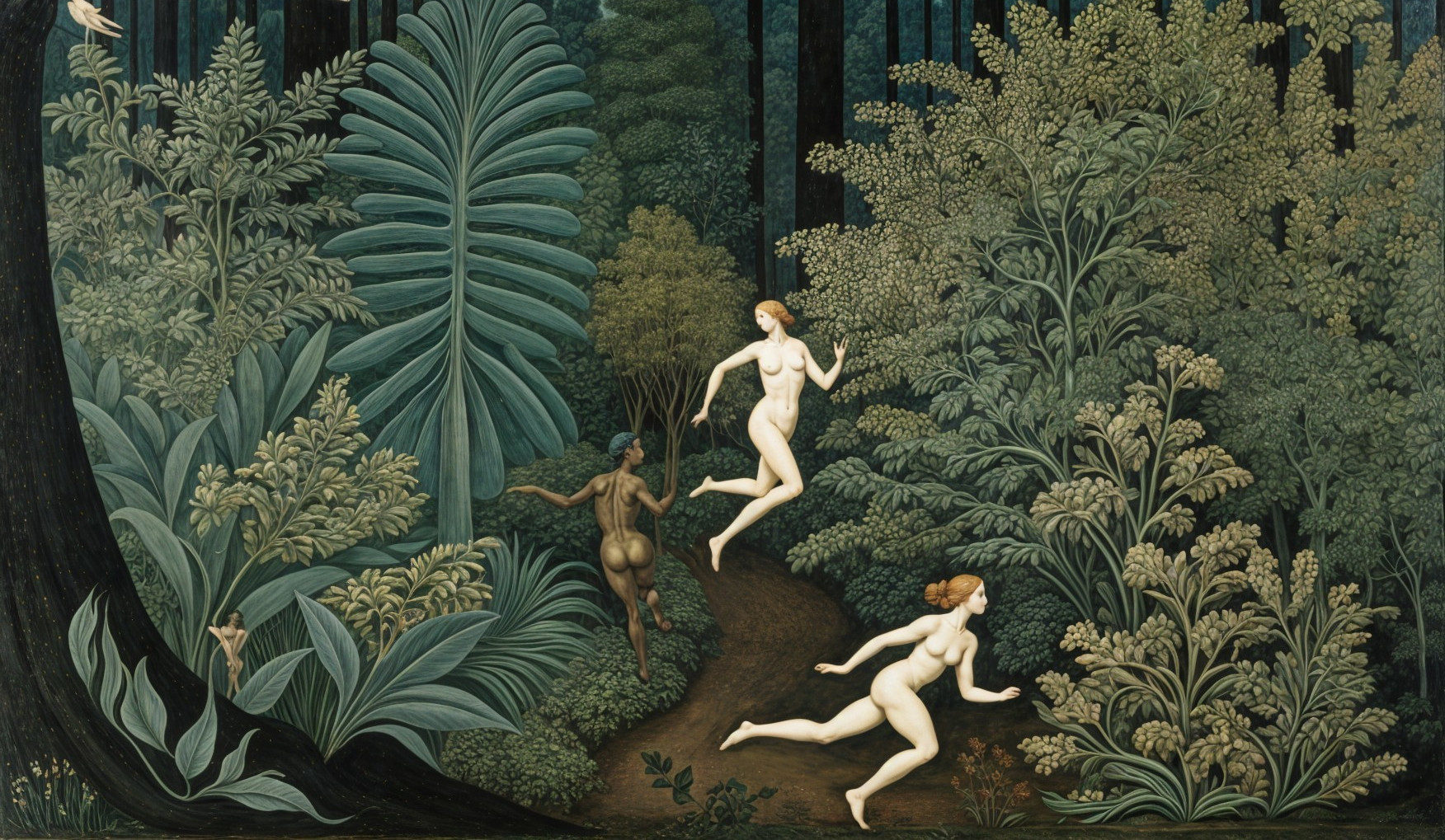 Vibrant Forest Scene with Ethereal Figures in Motion