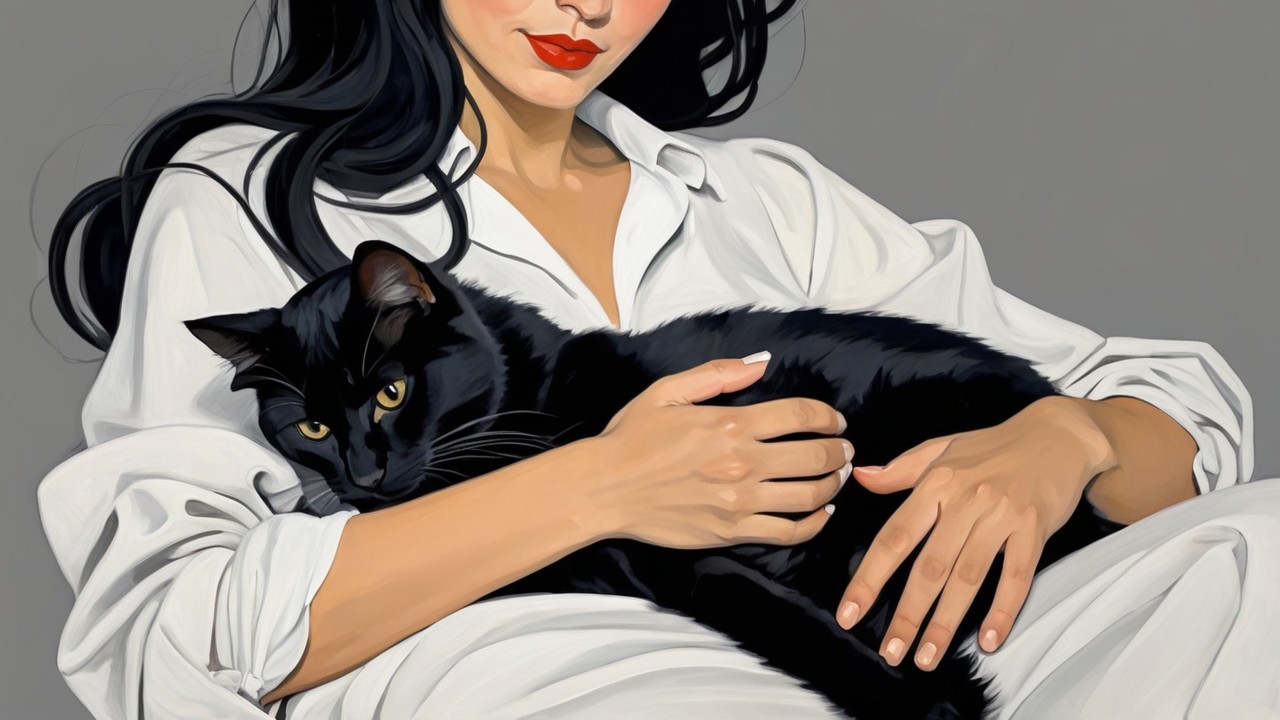 Woman with black cat in relaxed pose and white shirt