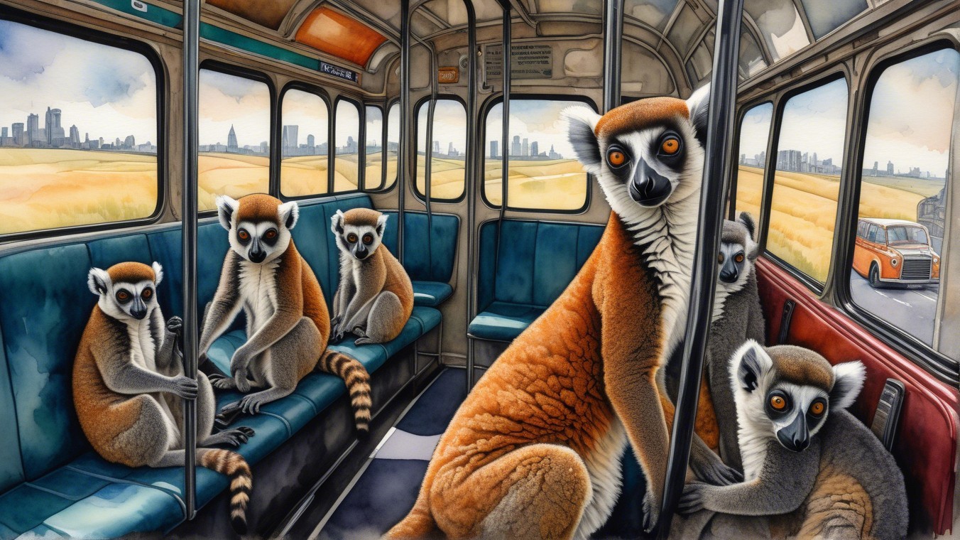 Lemurs in a Bus with Vibrant Fur and Curious Expressions
