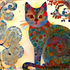 Abstract Cat Art with Colorful Patterns and Trees