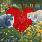 Gray and ginger cats in front of heart-shaped mosaic in floral garden