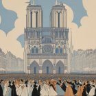 Vibrant Landscape with Silhouetted Figures and Circles