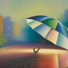 Figure in Yellow Dress in Abstract Landscape with Umbrella