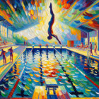 Indoor swimming pool with geometric ceiling patterns