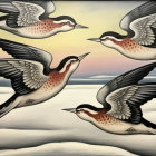 Stylized Birds in Flight Against Pastel Sky