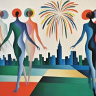 Abstract Figures with City Skyline and Fireworks