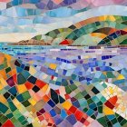 Colorful Landscape with Figures Near Coastal Village