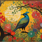 Colorful painting of a blue cat in a sunlit landscape