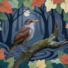 Illustration of a Bird on a Branch in a Moonlit Forest