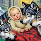 Child in Striped Hoodie Surrounded by Wolves in Snow