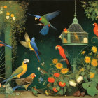 Vibrant Garden Scene with Colorful Flowers and Birds