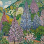 Vibrant Spring Landscape with Blossom Trees and Hills