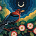 Vibrant Folk Art of a Bird on a Leafy Branch