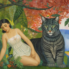 Woman with Bob Haircut and Tabby Cat in Abstract Setting