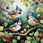 Colorful Birds on Branches with Red Berries and Leaves