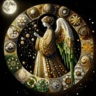 Angelic figure with wings holding bread in circular frame against dark background