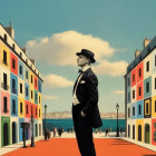 Silhouette of Woman with Umbrella on Colorful Street