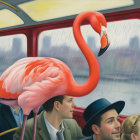 Flamingo in Red Double-Decker Bus with Passengers