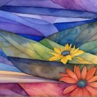 Oil Painting of Nighttime Hilly Landscape with Flowers