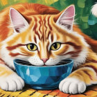 Colorful Painting of an Orange Tabby Cat and Bowl