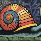 Whimsical Snail with Rainbow Shell and Green Leaves