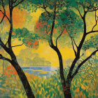 Serene Landscape with Woman in Blue Dress and Blossoms