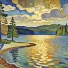 Brightly Colored Lake Scene with Swans and Hills