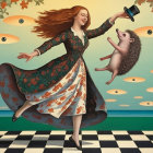 Woman in Floral Dress with Bird and Underwater Scene