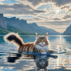 Maine Coon Cat on a Serene Lake at Sunset