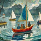 Vibrant Sailboats on a Tranquil Lakeside Scene